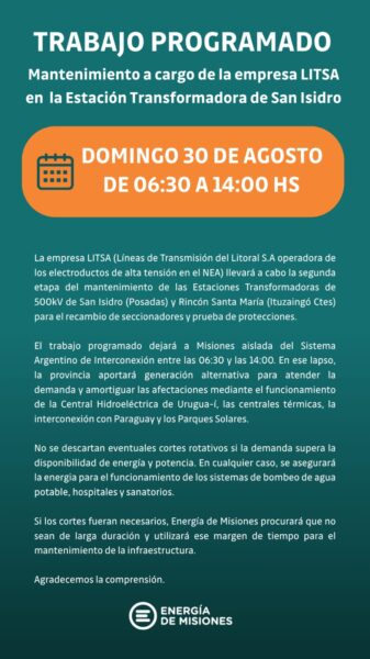 Mantenimiento energético en San Isidro este domingo